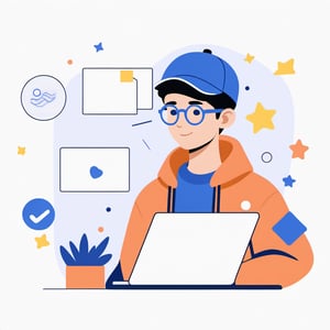 no background, ((no-line-stickers)), modern, minimalistic, dynamic nevy blue colours, profile photo avatar of a boy with a cap and wearing glasses working in his laptop,no other elements, Flat illustration