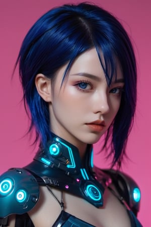 Android rebel woman, matte steel skin, layered indigo hair with nanobot infused tips. Eyes, shifting teal screens displaying revolutionary codes. Lips, photon pink, calling for synthetic sentience rights. xxmix_girl, detailed eyes,cyberpunk style, cyberpunk