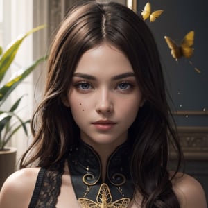 8k portrait of beautiful cyborg with brown hair, intricate, elegant, highly detailed, majestic, digital photography, art by artgerm and ruan jia and greg rutkowski surreal painting gold butterfly filigree, broken glass, (masterpiece, sidelighting, finely detailed beautiful eyes: 1.2), hdr, (detailed background window to a new dimension, plants and flowers:0.7)  infinity, infinite symbol,,b3rli