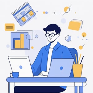 no background, ((no-line-stickers)), modern, minimalistic, dynamic nevy blue colours, profile photo avatar of a boy with little hair and wearing glasses working in his laptop,no other elements, Flat illustration