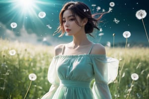 xxmix_girl,(long-shot photo:1.4) of a beatutiful woman wearing a sheer summer dress (blowing a dandelion), ((dandelion field)), stars and moonlight rays, colorful, (photo-realisitc), nebula background, nebula theme,exposure blend, full body shot, bokeh, (hdr:1.4), (wind:1.5), high contrast, (cinematic, teal and green:0.85), (muted colors, dim colors, soothing tones:1.3), low saturation, hourglass body shape, EpicSky, cloud, hourglass body shape,fate/stay background,FilmGirl,b3rli,3d style