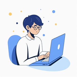 no background, ((no-line-stickers)), modern, minimalistic, dynamic space blue colours, profile photo avatar of a boy with little hair and wearing glasses working in his laptop,no other elements, Flat illustration