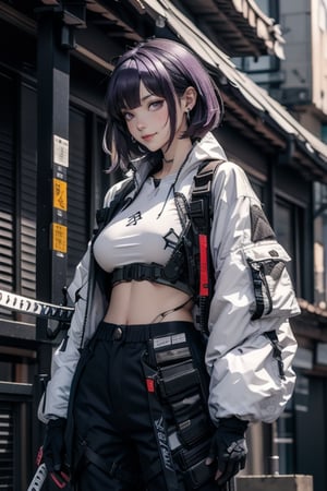 masterpiece, best quality, highres, mature woman, asian, huge breasts, long hair, dark purple hair, hime cut hair, detailed face, small smile, wide hips, urban techwear, techwear jacket, techwear pants, techwear gloves, katana 