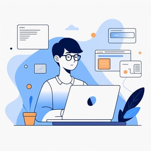 no background, ((no-line-stickers)), modern, minimalistic, dynamic space blue colours, profile photo avatar of a boy with little hair and wearing glasses working in his laptop,no other elements, Flat illustration