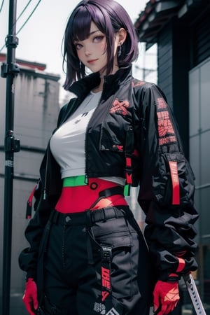 masterpiece, best quality, highres, mature woman, asian, huge breasts, long hair, dark purple hair, hime cut hair, detailed face, small smile, wide hips, urban techwear, techwear jacket, techwear pants, techwear gloves, katana 