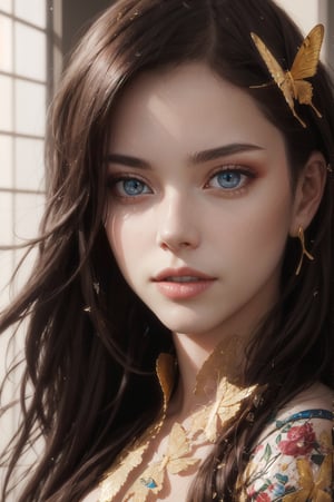 8k portrait of beautiful cyborg with brown hair, intricate, elegant, highly detailed, majestic, digital photography, art by artgerm and ruan jia and greg rutkowski surreal painting gold butterfly filigree, broken glass, (masterpiece, sidelighting, finely detailed beautiful eyes: 1.2), hdr, (detailed background window to a new dimension, plants and flowers:0.7), seductive looking 