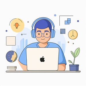 no background, ((no-line-stickers)), modern, minimalistic, dynamic space blue colours, profile photo avatar of a boy with no hair and wearing glasses working in his laptop,no other elements, Flat illustration