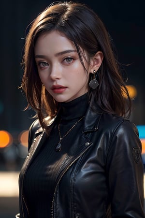 photo of beautiful (n4t3mm:0.99), a woman as a movie star, turtleneck sweater, black jacket, (trousers), movie premiere gala, dark moody ambience (masterpiece:1.2) (photorealistic:1.2) (bokeh) (best quality) (detailed skin:1.2) (intricate details) (nighttime) (8k) (HDR) (cinematic lighting) (sharp focus), (looking at the camera:1.1), ((closeup portrait:1.2)), (earrings), colorful outfit