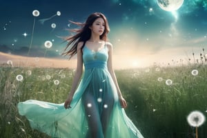 xxmix_girl,(long-shot photo:1.4) of a beatutiful woman wearing a sheer summer dress (blowing a dandelion), ((dandelion field)), stars and moonlight rays, colorful, (photo-realisitc), nebula background, nebula theme,exposure blend, full body shot, bokeh, (hdr:1.4), (wind:1.5), high contrast, (cinematic, teal and green:0.85), (muted colors, dim colors, soothing tones:1.3), low saturation, hourglass body shape, EpicSky, cloud, hourglass body shape,fate/stay background,FilmGirl,b3rli,3d style