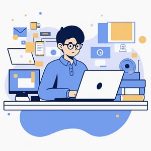 no background, ((no-line-stickers)), modern, minimalistic, dynamic nevy blue colours, profile photo avatar of a boy with little hair and wearing glasses working in his laptop,no other elements, Flat illustration