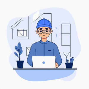 no background, ((no-line-stickers)), modern, minimalistic, dynamic nevy blue colours, profile photo avatar of a boy with a cap and wearing glasses working in his laptop,no other elements, Flat illustration