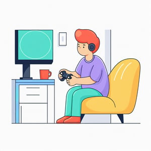 no background, ((no-line-stickers)), modern, minimalistic, dynamic  colours, a gammer playing video games, Flat illustration