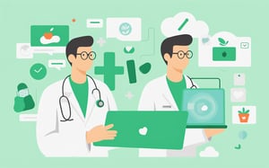 no background, ((no-line-stickers)), modern, minimalistic, dynamic green colour, virtual healthcare ,Flat illustration