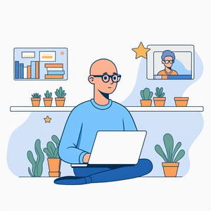 no background, ((no-line-stickers)), modern, minimalistic, dynamic space blue colours, profile photo avatar of a boy with no hair and wearing glasses working in his laptop,no other elements, Flat illustration