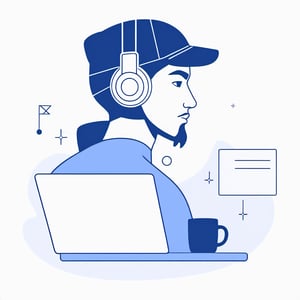 no background, ((no-line-stickers)), modern, minimalistic, dynamic nevy blue colours, profile photo avatar of a hacker ,no other elements, Flat illustration