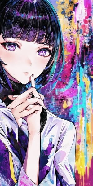 masterpiece, best quality, 1girl, upper body, shirt, black hair, purple eyes, abstract