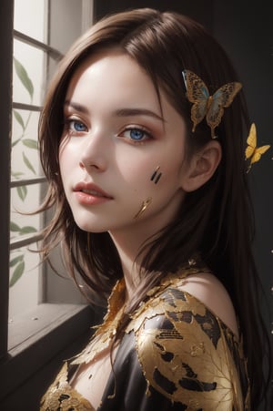 8k portrait of beautiful cyborg with brown hair, intricate, elegant, highly detailed, majestic, digital photography, art by artgerm and ruan jia and greg rutkowski surreal painting gold butterfly filigree, broken glass, (masterpiece, sidelighting, finely detailed beautiful eyes: 1.2), hdr, (detailed background window to a new dimension, plants and flowers:0.7),