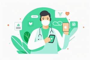 no background, ((no-line-stickers)), modern, minimalistic, dynamic green colour, virtual healthcare ,Flat illustration