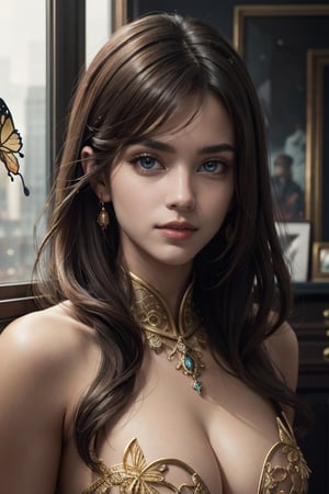 8k portrait of beautiful Shirley setia as cyborg with brown hair, intricate, elegant, highly detailed, majestic, digital photography, art by artgerm and ruan jia and greg rutkowski surreal painting gold butterfly filigree, broken glass, (masterpiece, sidelighting, finely detailed beautiful eyes: 1.2), hdr, (detailed background window to a new dimension, plants and flowers:0.7) ,b3rli