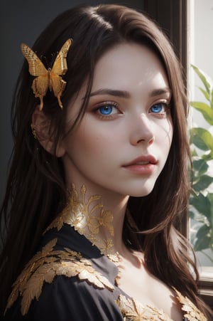 8k portrait of beautiful cyborg with brown hair, intricate, elegant, highly detailed, majestic, digital photography, art by artgerm and ruan jia and greg rutkowski surreal painting gold butterfly filigree, broken glass, (masterpiece, sidelighting, finely detailed beautiful eyes: 1.2), hdr, (detailed background window to a new dimension, plants and flowers:0.7),