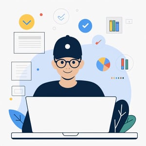 Solid Black
background, ((no-line-stickers)), modern, minimalistic, dynamic blue colours, profile photo avatar of a boy with a cap and wearing glasses working in his laptop,no other elements, Flat illustration