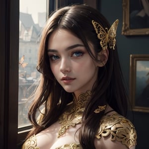 8k portrait of beautiful cyborg with brown hair, intricate, elegant, highly detailed, majestic, digital photography, art by artgerm and ruan jia and greg rutkowski surreal painting gold butterfly filigree, broken glass, (masterpiece, sidelighting, finely detailed beautiful eyes: 1.2), hdr, (detailed background window to a new dimension, plants and flowers:0.7)  infinity, infinite symbol,,b3rli