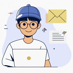 no background, ((no-line-stickers)), modern, minimalistic, dynamic nevy blue colours, profile photo avatar of a boy with a cap and wearing glasses working in his laptop,no other elements, Flat illustration