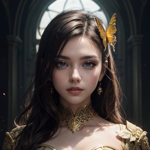 8k portrait of beautiful cyborg with brown hair, intricate, elegant, highly detailed, majestic, digital photography, art by artgerm and ruan jia and greg rutkowski surreal painting gold butterfly filigree, broken glass, (masterpiece, sidelighting, finely detailed beautiful eyes: 1.2), hdr, (detailed background window to a new dimension, plants and flowers:0.7)  infinity, infinite symbol,,b3rli