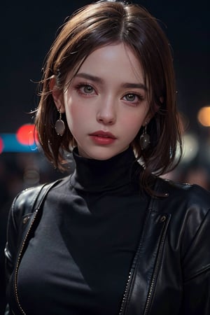 photo of beautiful (n4t3mm:0.99), a woman as a movie star, turtleneck sweater, black jacket, (trousers), movie premiere gala, dark moody ambience (masterpiece:1.2) (photorealistic:1.2) (bokeh) (best quality) (detailed skin:1.2) (intricate details) (nighttime) (8k) (HDR) (cinematic lighting) (sharp focus), (looking at the camera:1.1), ((closeup portrait:1.2)), (earrings), colorful outfit