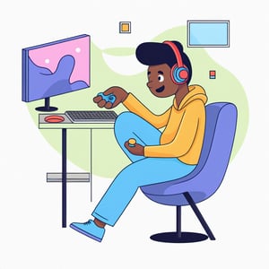 no background, ((no-line-stickers)), modern, minimalistic, dynamic  colours, a gammer playing video games, Flat illustration