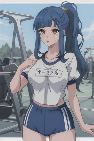 golden_eyes,hair_pin,blue_hair,big_boobs,ponytail,mariamizuseexp,long_hair,1girl,mole_under_eye,nippels,gym_uniform,pussy,