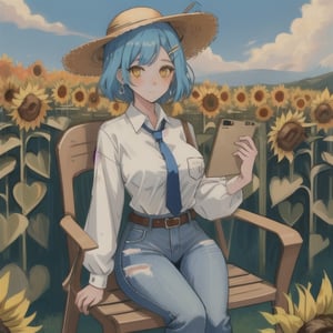 yellow_eyes, blue_hair, short_hair,mariamizuseexp, big_breasts, hair_accessory_(sunflower), hairpin,  unraveled_hair, milf, adult,RedHoodWaifu, outdoor, haruno sakura, chairs, sit, white_blouse, jeans, straw_hat, :), eye_on_camera, blue tie, leather_belt,