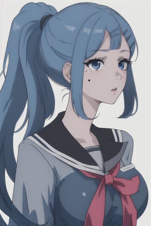 hazel_eyes,hair_pin,blue_hair,big_boobs,mariamizuseexp,long_hair,ponytail,solo_girl,mole_under_eye,school_uniform,