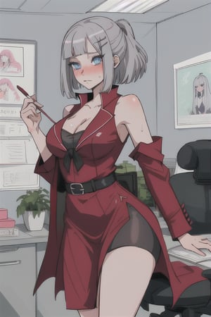 blue_eyes, grey_hair, short_hair,mariamizuseexp, big_breasts, hairpin, cleavage, long_pony_tail, bare_shoulders, milf, mommy, adult,RedHoodWaifu, red_suit, mini_dress, office_room, haruno sakura, office_suit, rose, bare_foot, blushing, sweating, office_lady, lady_office, tie, panty_and_stocking_with_garterbelt