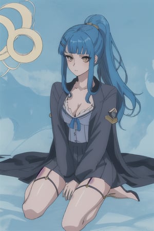 golden_eyes, blue_hair, hair_pin, lingeries, medium_breasts, mariamizuseexp, long_ponytail, cleavage, thigh_reveal, long hair, mariamizuseexp