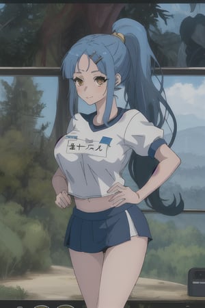 golden_eyes,hair_pin,blue_hair,big_boobs,ponytail,mariamizuseexp,long_hair,1girl,mole_under_eye,gym_uniform,:),mini_skirt,phone