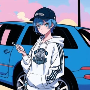 1girl, center opening, center, pastel style, blue hair, short hair, baseball cap, hoodie, talking, swag, cigarette, car