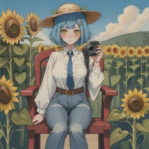 yellow_eyes, blue_hair, short_hair,mariamizuseexp, big_breasts, hairpin_(sunflower), hairpin,  unraveled_hair, milf, adult,RedHoodWaifu, outdoor, haruno sakura, chairs, sit, white_blouse, jeans, straw_hat, :), eye_on_camera, blue tie, leather_belt,