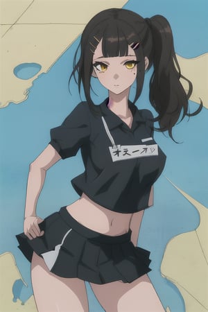 yellow_eyes,hair_pin,black_hair,big_boobs,mariamizuseexp,medium_hair, solo_girl,mole_under_eye,gym_uniform,mini_skirt,busty