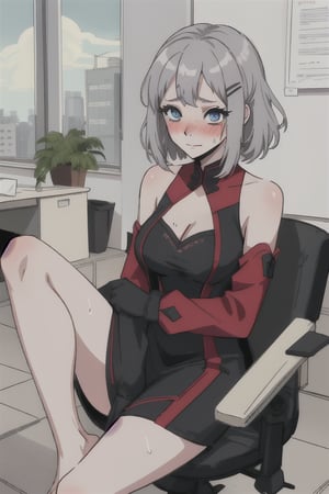 blue_eyes, grey_hair, short_hair, twin_tail, :),mariamizuseexp, big_breasts, hairpin, cleavage, long_pony_tail, bare_shoulders, milf, mommy, adult,RedHoodWaifu, red_suit, mini_dress, office_room, haruno sakura, office_suit, rose, bare_foot, blushing, sweating, office_lady, lady_office, tie