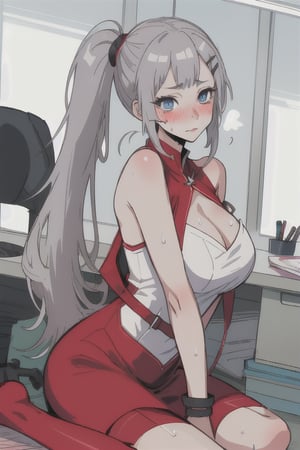 blue_eyes, grey_hair, short_hair, twin_tail, :),mariamizuseexp, big_breasts, hairpin, cleavage, long_pony_tail, bare_shoulders, milf, mommy, adult,RedHoodWaifu, red_suit, mini_dress, office_room, haruno sakura, office_suit, rose, bare_foot, blushing, sweating