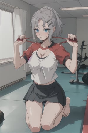 blue_eyes, grey_hair, short_hair,mariamizuseexp, big_breasts, hairpin, cleavage, long_pony_tail, milf, mommy, adult,RedHoodWaifu, office_room, haruno sakura, bare_foot, sweating, red_shirt, short_skirt, white_panties, gym_clothes, exercising, exercise, POV