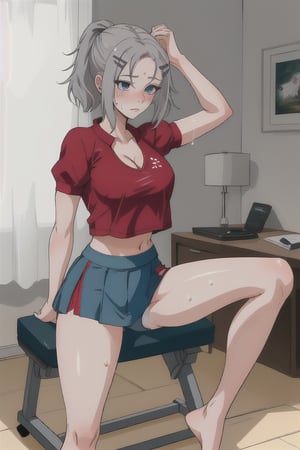 blue_eyes, grey_hair, short_hair,mariamizuseexp, big_breasts, hairpin, cleavage, long_pony_tail, milf, mommy, adult,RedHoodWaifu, office_room, haruno sakura, bare_foot, sweating, red_shirt, short_skirt, white_panties, gym_clothes, exercising, exercise, leg_spread, leg, leg_exercise