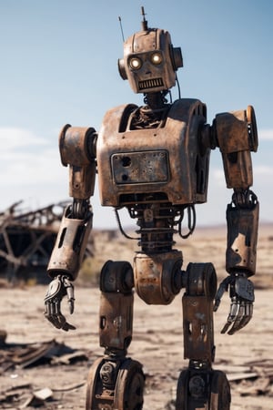 A close-up shot of a weathered robot standing in an abandoned wasteland, set in a post-apocalyptic world, in the style of a sci-fi film, showcasing the intricate details of its rusted metallic body