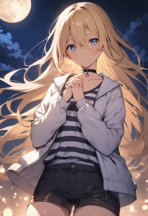 1girl, solo, long hair, looking at viewer, blue eyes, blonde hair, shirt, hair between eyes, very long hair, standing, collarbone, jacket, cowboy shot, open clothes, sky, shorts, choker, striped, bag, open jacket, short shorts, night, floating hair, black shorts, moon, white jacket, own hands together, full moon, striped shirt, own hands clasped, mid, masterpiece, best quality