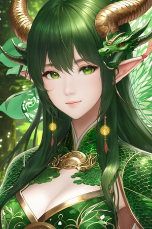 green|wood|dragon girl, (masterpiece, best quality, ultra detailed:1.2), looking at viewer, 32k wallpaper, HDR, (intricate details:1.4), anime, japanese zodiac lighting, upper body, ultra detailed face | skin