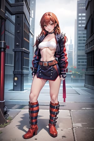 masterpiece, best quality, 1girl, long hair, open jacket, spikes on shoulder, strapless, bandeau, fingerless gloves with spikes on knuckles, midriff, belt, choker, underboob, miniskirt, boots with buckles, portrait