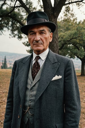 Mustafa Kemal Atatürk as a 42-years-old, it's taken outside of Istanbul, there is a small tree to side of him. He is wearing his traditional coat and hat and his face is stoic. The picture has been taken with a 35 mm lens and it is full of detail, it might as well be a shot from a 48-megapixel lens. The colors are vibrant, it looks like it has been shot on a 120 film and the camera angle is slightly high. Exquisite details with 4k resolution.