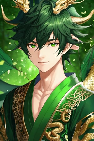 green|wood|dragon boy, (masterpiece, best quality, ultra detailed:1.2), looking at viewer, 32k wallpaper, HDR, (intricate details:1.4), anime, japanese zodiac lighting, upper body, ultra detailed face | skin