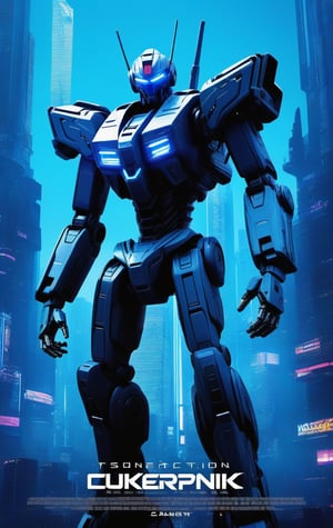 Design an action-packed cyberpunk movie poster with a vibrant blue background, prominently displaying the English text "ABSTRACTION" in futuristic font. The poster features concept art of a heavy mecha, symbolizing the United States of America, with logos of Capcom, Sony, and Columbia Pictures. The composition captures the essence of high-tech warfare and corporate alliances in a visually striking manner.